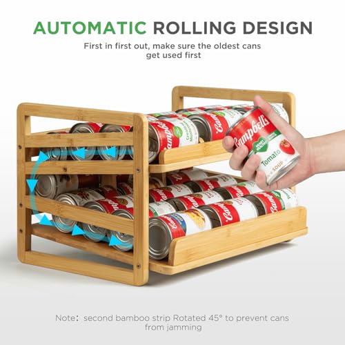 Bamboo Rolling Can Organizer Rack, Stackable 2 Tier Canned Food Organizer Rack for Storage, Kitchen Cabinet, Can Holders