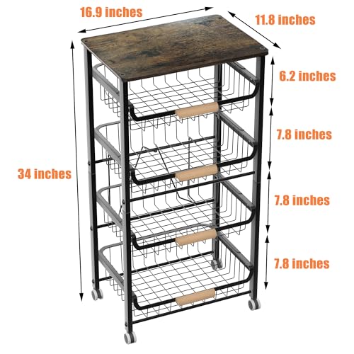 5-Layer Fruit Basket Kitchen Food Organizer and Rack, Stackable Storage Cart with Desktop, Pull-Out Hollow Metal Basket, Wheeled