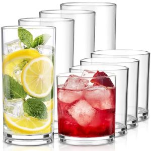 Plastic Drinking Glasses Set of 8, 14oz Rocks & 20oz Water Cups, Unbreakable Plastic Glasses Drinkware, Clear Kitchen Tumblers