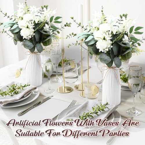 5 Sets Faux Flowers in Vase Fake Flowers with Vase Wedding Centerpiece for Table Faux Eucalyptus Leaves Floral Arrangements for