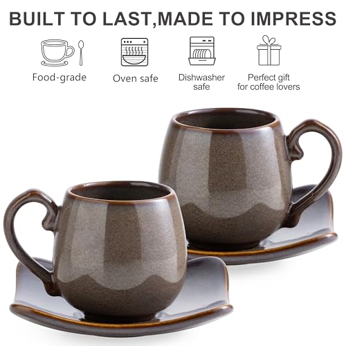 3oz Coffee Espresso Cups with Saucers Set of 6, Ceramic Small Coffee Cups with Holder and Spoons, Cute Demitasse Cups for
