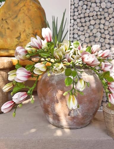 Magnolia Artificial Flowers Branches (Not Included Vase), Faux Fake 20 Heads Magnolias Stems Floral Arrangement Home Decor for