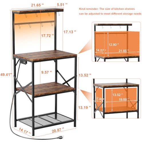 Kitchen Bakers Rack with Power Outlet & LED Lights, Small Coffee Bar Table with Adjustable Storage Shelf, 4 Tiers Microwave