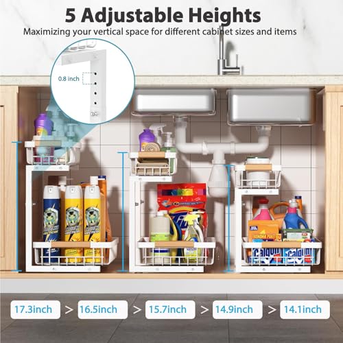 Under Sink Organizer 2 pack, 2 Tier Slide Out Under Sink Organizers And Storage, Height Adjustable Pull Out Cabinet Drawers,