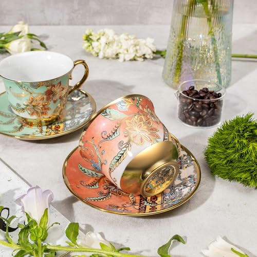 Tea Cups and Saucers Set of 8, 8 OZ Floral Tea Cup with Saucer, Vintage Tea Cups Porcelain Tea Set with Spoon for Latte, Mocha,