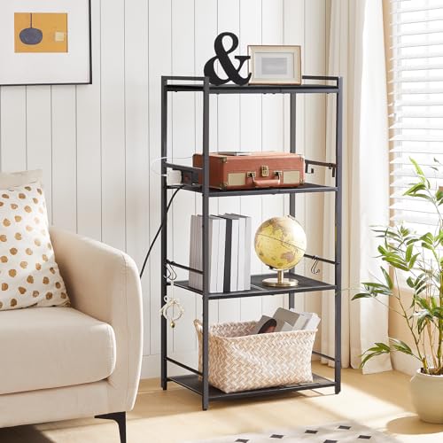 Bakers Rack with Power Outlet, Microwave Stand with Hooks, Multifunctional Storage Rack, Coffee Bar with Enclosure, Kitchen