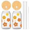 2Pcs Groovy Retro Hippie Flower Drinking Glasses with Bamboo Lids and Straw 16oz Yellow Orange Daisy Flower Ice Coffee Cup Beer