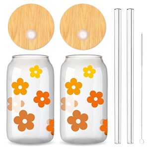 2Pcs Groovy Retro Hippie Flower Drinking Glasses with Bamboo Lids and Straw 16oz Yellow Orange Daisy Flower Ice Coffee Cup Beer