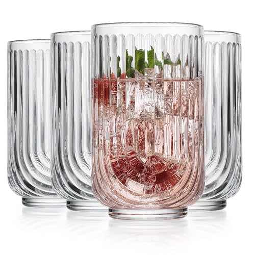 Drinking Glasses Set of 4. 17oz Vintage Ripple Cocktail Glasses, Ribbed Highball Glass Cups. Arch Designed Art Deco Glassware