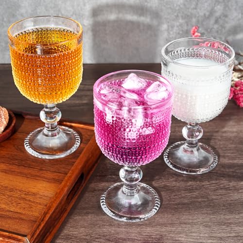 12 oz Clear Vintage Wine Glasses,Hobnail Drinking Glasses Set of 4,Embossed Goblet Glasses for Wedding,Party, Dinner,Bar