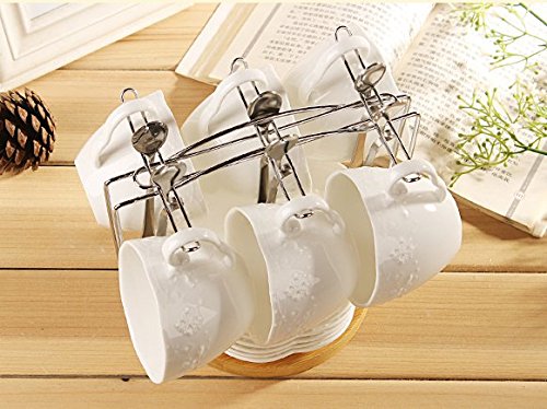 ® White Porcelain 5OZ- Tea Cup and Saucer Coffee Cup Set with Saucer and Spoon, Set of 6 (6 Tea Cup Set With Bracket)