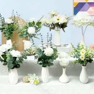 Artificial Flowers with Ceramic Vases, 58 Pcs Fake Plants and Flowers in Vases Set of 8,DIY Table Centerpieces for Wedding,Home