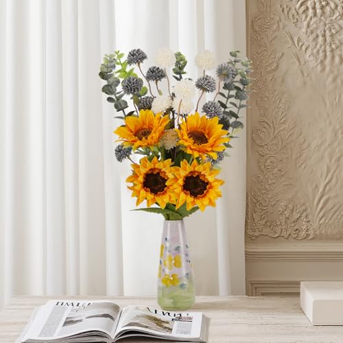 Fake Sunflowers with Hand-Painted Vase,16" Artificial Flowers in Small Ceramic Vase,Silk Flower Eucalyptus Bouquet Faux