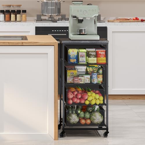 4-Tier Fruit Vegetable Storage Cart - Kitchen Organizer and Storage Cart with Wheels, Wooden Top Metal Wire Fruit Vegetable Rack