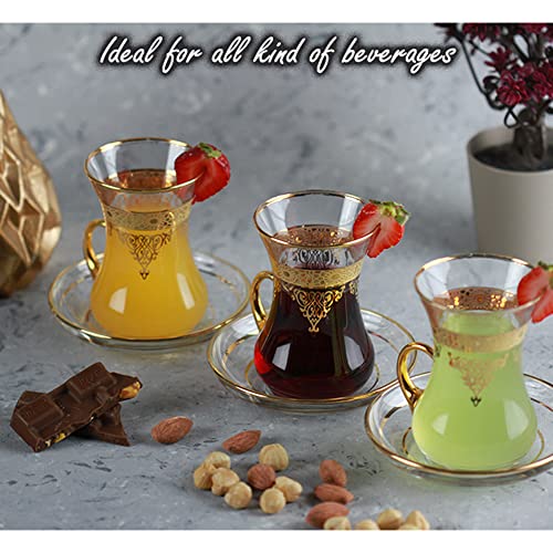 Gold Turkish Arabic Moroccan Tea Glasses Cups Set of 6 and Saucers Glassware Drinking Women Party Fancy Drinkware Style Vintage
