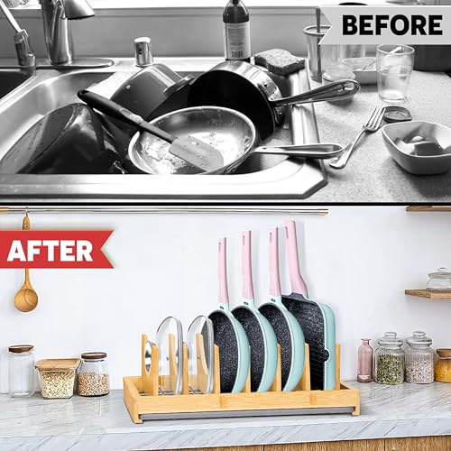 [Upgraded] Bamboo Pots and Pans Organizer under Cabinet, Bakeware and Cutting Board Organizers with Diatomaceous Earth Base & 7