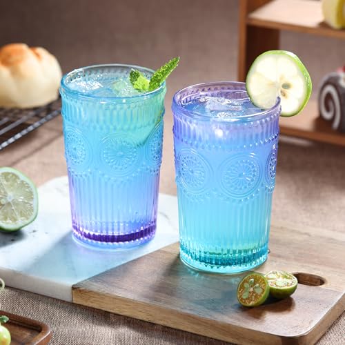 6pcs Vintage Drinking Glasses Set, 12 oz Glass Cups, Embossed Ribbed Glassware Drinking Glasses for Cocktail, Water, Juice,