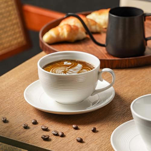 10 oz Cappuccino Cups with Saucers - Ceramic Espresso Coffee Cups Set of 4, White Tea Mugs and Saucer, Latte Mugs Set, Microwave