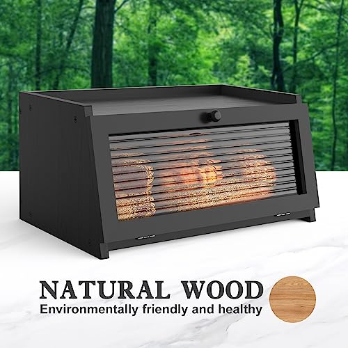 Bread Box for Kitchen Countertop Large Bread Box Farmhouse Bread Container Bread Storage with Window Bread Holder Black