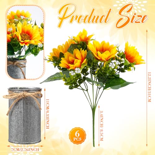 6 Sets Sunflowers Centerpieces for Tables Artificial Sunflower with Vase Rustic Faux Flower for Home Summer Spring Kitchen Decor