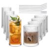 Set of 8 Vintage Glassware - 4 Highball Glasses 12 oz, 4 Rocks Glass Cups 14 oz, Ribbed Glassware Cocktail Glasses, Ideal for
