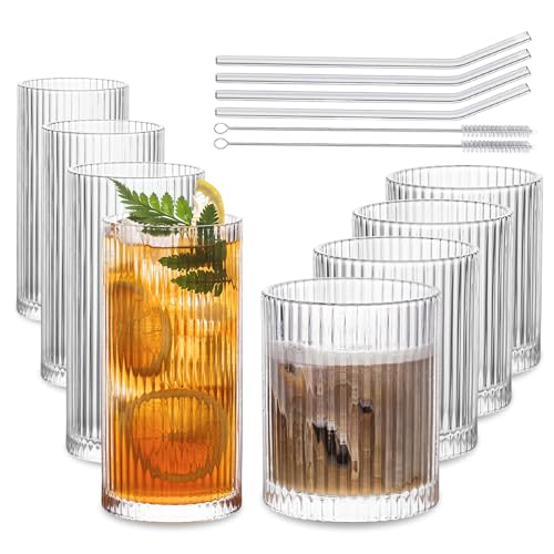 Set of 8 Vintage Glassware - 4 Highball Glasses 12 oz, 4 Rocks Glass Cups 14 oz, Ribbed Glassware Cocktail Glasses, Ideal for
