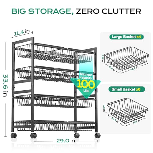 Cinati 4-Tier Kitchen Storage Cart, Adjustable Rolling Pantry Storage Cart with 10 Baskets & Handle, 29''L Metal Snack Cart with