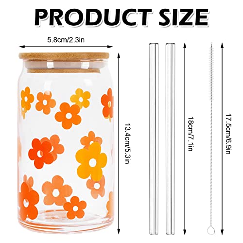 2Pcs Groovy Retro Hippie Flower Drinking Glasses with Bamboo Lids and Straw 16oz Yellow Orange Daisy Flower Ice Coffee Cup Beer