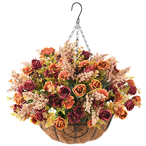 Homsunny Artificial Hanging Flowers for Fall Decoration,Fake Silk Rose Floral Arrangement,Faux Outdoor Indoor Plant with