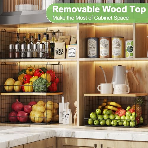 4 Pack Stackable Wire Baskets for Pantry Organizers and Storage, Pantry Baskets with Fixed Wooden Top, Fruit and Vegetable