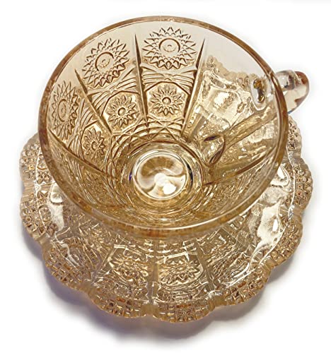 Vintage Embossed Sunflower Flower Design Set of Two Amber Pressed Glass Cups and Saucers Set Made of Retro Relief Lead-free