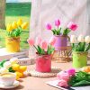12 Pack Artificial Tulips Bulk with Metal Pots PU Faux Multicolor Tulip Flower in Vase Fake Floral Arrangement Bouquet for