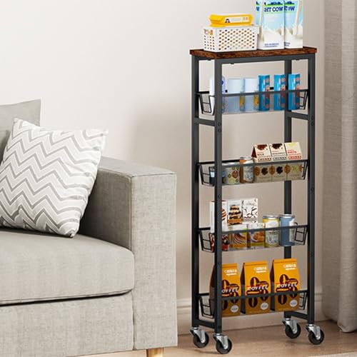 Slim Rolling Cart, 5-Tier Storage Cart, 9.1inch Narrow Kitchen Rolling Cart on Wheels for Small Space, Utility Cart Shelving