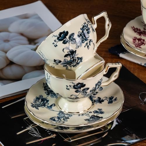 Tea Cups and Saucers Set of 2, Porcelain Coffee Cups, 6.8-Ounce Stackable Espresso Mugs, Ceramic Demitasse for Coffee, Latte,