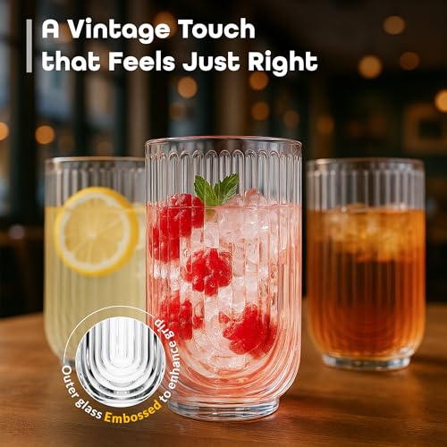 Drinking Glasses Set of 4. 17oz Vintage Ripple Cocktail Glasses, Ribbed Highball Glass Cups. Arch Designed Art Deco Glassware