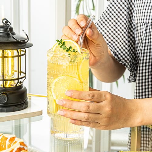 4 Pack Large 16oz Ribbed Glassware Set, Flower Design Stackable Glass Cups, Vintage Textured Clear Striped Drinking Glasses Set,