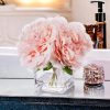 Artificial Peony Flowers Arrangements in Cube Glass Vase with Faux Water for Home Table Wedding Centerpiece Decor (Pink)