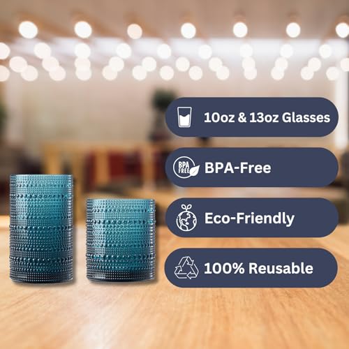 Classic Reusable Plastic Drinking Glasses, Hobnail Shatterproof | 6X 10 OZ Lowball & 6X 13 OZ Highball | Tritan Tumblers,