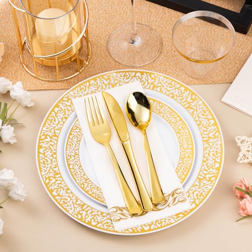 700PCS Gold Plastic Dinnerware Set for 100 Guests, Disposable Plates for Party, Include 100 Gold Dinner Plates, 100 Dessert
