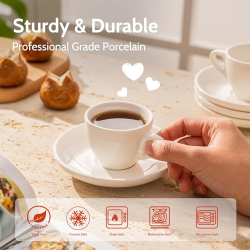 2 Ounce Espresso Cups with Saucers, Porcelain Espresso Cups Set of 6 - White
