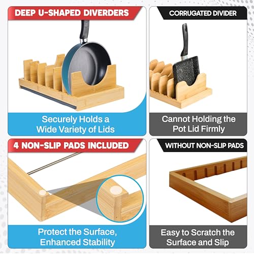 [Upgraded] Bamboo Pots and Pans Organizer under Cabinet, Bakeware and Cutting Board Organizers with Diatomaceous Earth Base & 7