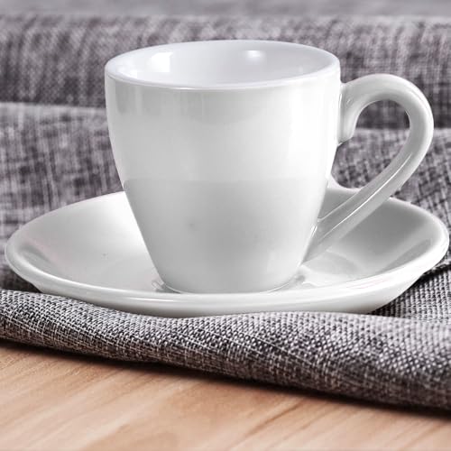 Porcelain Espresso Shot Cup Set with Saucers and Stainless Steel Spoons - 80 ml / 2.67 oz, Set of 4, White