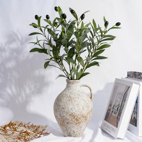 Vintage Ceramic Vase with Fake Olive Branches, Farmhouse White Vase with 2Pcs Faux Olive Plant Greenery for Home Bedroom Living