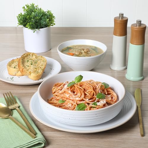 Dinah 16 Piece Double Bowl Stoneware Embossed Speckled Dinnerware Set - Matte White