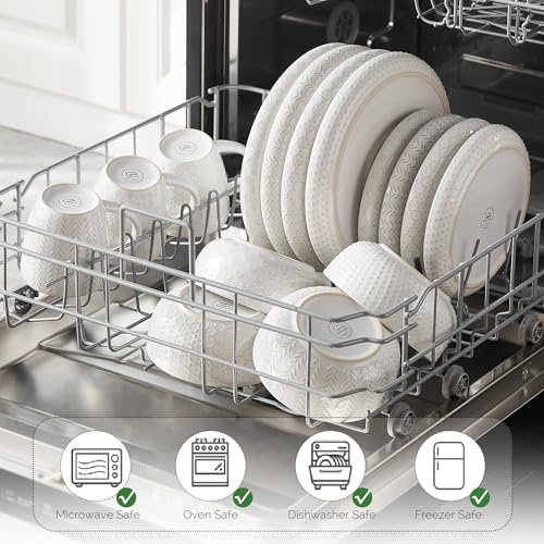 12-Piece Ceramic Plates and Bowls Sets, Farmhouse Dinnerware Sets for 4, Stoneware Dish Set, Scratch Resistant, Dishwasher &