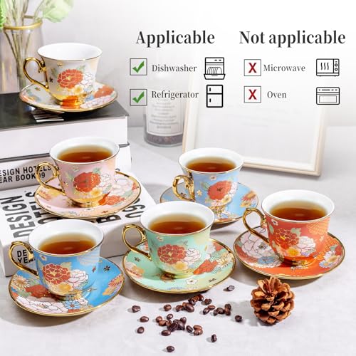 8 Set Tea Cups and Saucers, 8 OZ Floral Porcelain Cup and Saucers Set for Latte Cappuccino Espresso Mocha Afternoon Tea Birthday