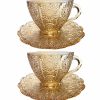 Vintage Embossed Sunflower Flower Design Set of Two Amber Pressed Glass Cups and Saucers Set Made of Retro Relief Lead-free