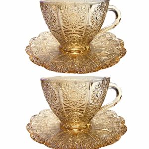 Vintage Embossed Sunflower Flower Design Set of Two Amber Pressed Glass Cups and Saucers Set Made of Retro Relief Lead-free