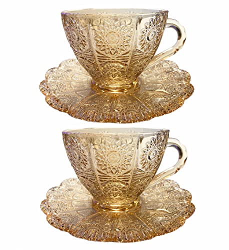 Vintage Embossed Sunflower Flower Design Set of Two Amber Pressed Glass Cups and Saucers Set Made of Retro Relief Lead-free