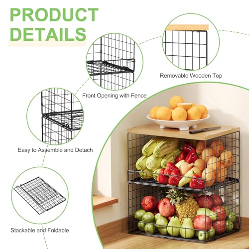 4 Pack Stackable Wire Baskets for Pantry Organizers and Storage, Pantry Baskets with Fixed Wooden Top, Fruit and Vegetable
